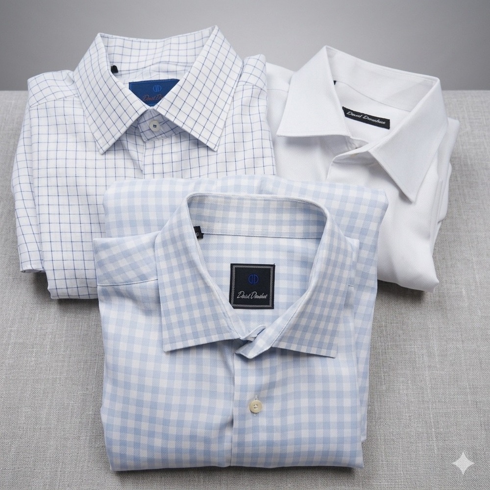 David Donahue Mens Dress Shirt Bundle 3pc 16.5 34/35 Blue Gingham White Cotton